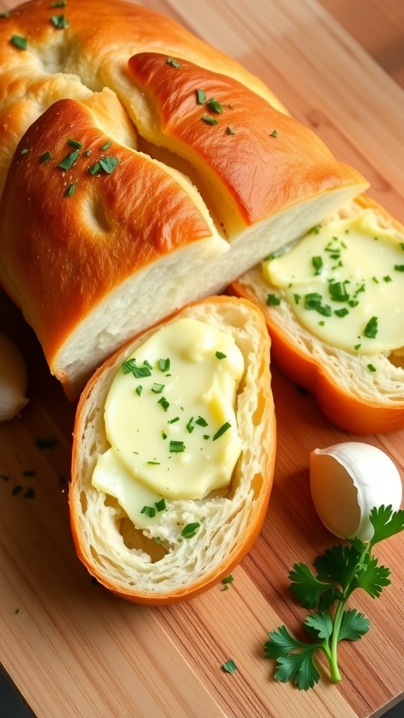 Quick No-Rise Garlic Bread Recipe A freshly baked loaf of garlic bread, sliced and topped with garlic butter and parsley, on a wooden board.